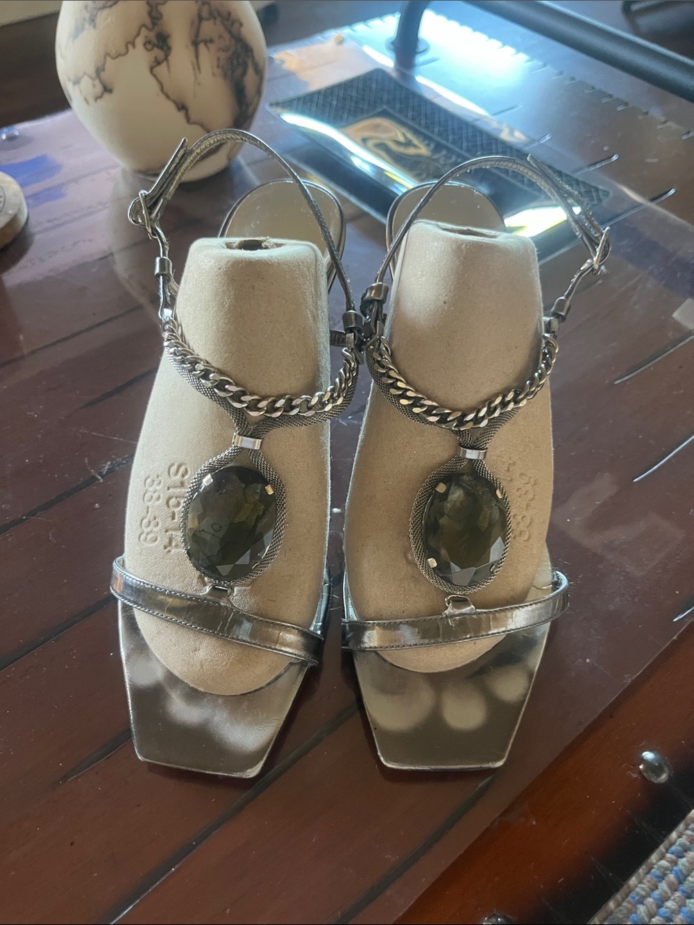 Metallic Silver Gem-Embellished Women's Dress Sandals with Chain Accent